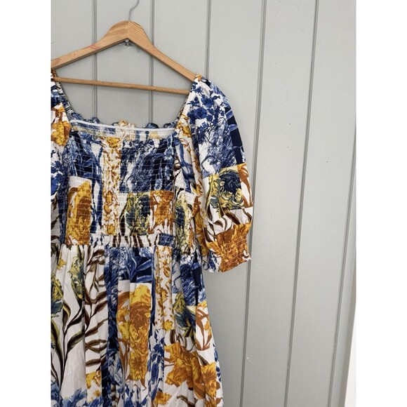 INC Dress 2X Printed Smocked Tiered Puff Sleeve Flowy Maxi Cotton Blue Gold - Picture 7 of 7